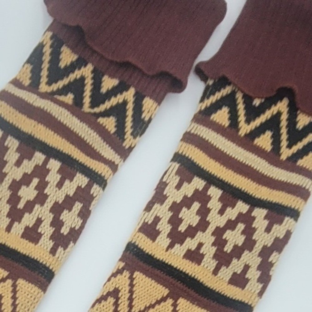 Vintage Brown Geometric Tribal Knit Leg Warmers Bohemian Fair Isle Boot Toppers
